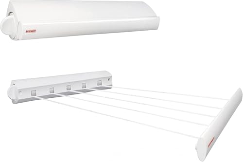 Leifheit Rollfix 210 Wall Mounted Clothes Dryer – 21m Retractable Indoor Outdoor Laundry Drying Line with 5 Extendable Tear Proof Clotheslines, Foldable Space Saving Airer, White