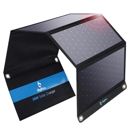 BigBlue 3 USB Ports 28W Solar Charger (2 USB-C + USB-A), Foldable Portable Solar Charger for Camping, Waterproof Solar Panel Compatible with iPhone 15/13/11/Xs/XR/X/8, iPad, Samsung Galaxy, LG etc.