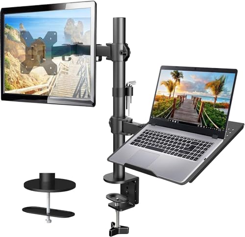 HUANUO Monitor Arm with Laptop Stand, Dual Monitor Stand with Laptop Tray Holds 13-32 inch Computer Screen, Monitor Mount Fits Up to 17 inch, Fully Adjustable Weight Up to 10kg, HNCM2