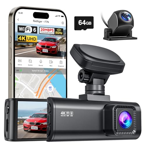 REDTIGER F7N 4K Dual Dash Cam, 5.8GHz WiFi-20 MB/s Fast Transfer, 64GB Card, Front 4K/2.5K and Rear 1080P Dash Camera for Cars with 3.18'' Screen, Precise GPS, Parking Monitor, Support 256GB Max