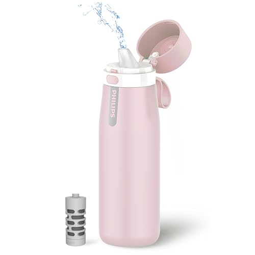 Philips Filtered Water Bottle, Insulated Stainless Steel Water Purifier Bottle for Daily Life & Travel, BPA Free with GoZero Everyday Filter for Cleaner Tastier Tap Water, Keeps Cold, 18.6 oz Pink