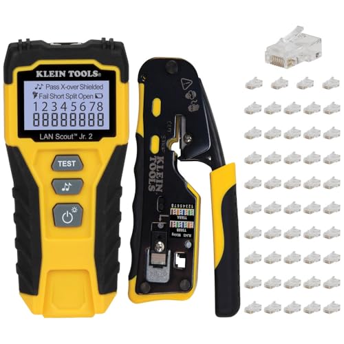 Klein Tools Networking Installation Bundle, 3-Piece Set – RJ45 Modular Crimper with LAN Scout Jr. 2 Cable Tester and 50pcs CAT6 Pass-Thru RJ45 Connectors for Ethernet Cable Installation