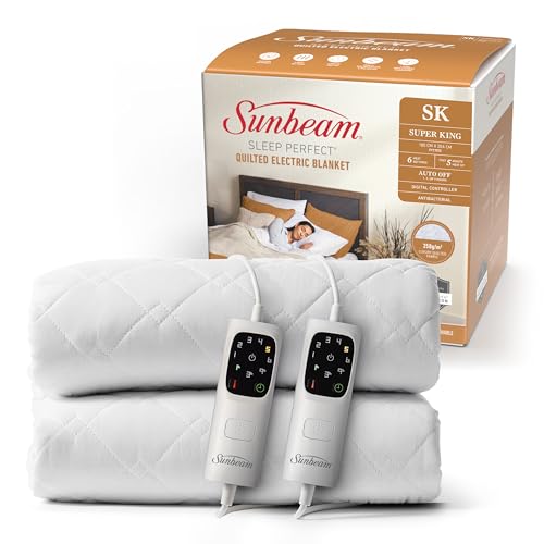 Sunbeam Sleep Perfect Quilted Electric Blanket Super King | Fully Fitted Quilted Cotton Top Layer, Antibacterial, Washable, Auto-Off Timer, Overheat Protection, Dual Controls BLQ6481