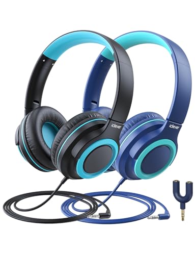 iClever 2Pack Kids Headphones with Sharing Splitter - 85dBA Safe Volume Limited - HS22 Wired Headphones for Kids Teens, Tangle-Free 3.5mm Jack Foldable Stereo Headphone for School/Tablet/Travel