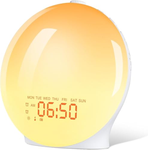 Wake Up Light Sunrise Alarm Clock for Kids, Heavy Sleepers, Bedroom, Upgraded Full Screen with Sunrise Simulation, Sleep Aid, Dual Alarms, FM Radio, Nightlight, 14 Colors, 7 Sounds, Ideal for Gift