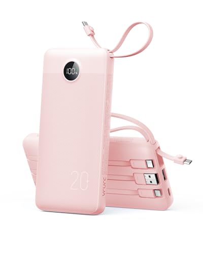20000mAh Power Bank with Built in Cables, Travel Essentials，VRURC Portable Charger 22.5W Fast Charging, Battery Pack with 4 Output 2 Input LED Display for iPhone 16 15 14 Samsung Android Phones,Pink