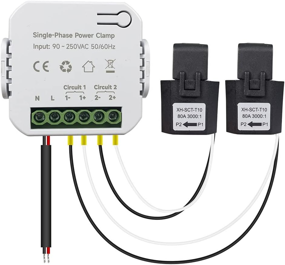 Tuya Smart Life WiFi Energy Meter 80A with CT Clamp KWh Power Consumption Monitor Electricity Statistics, 2 CT