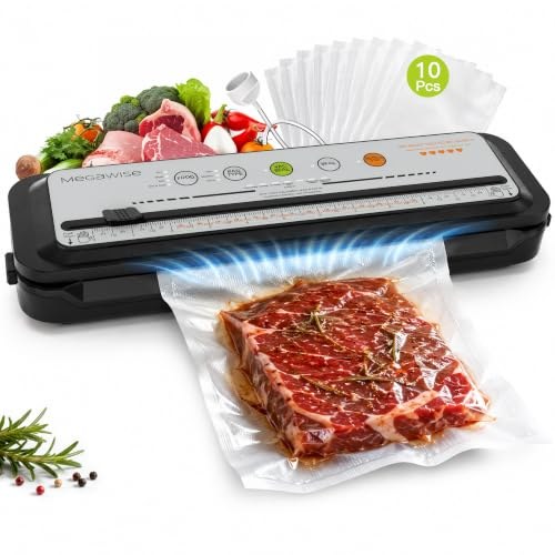 MegaWise Vacuum Sealer Machine, 80kPa Food Vacuum Sealer Machine with Built-in Cutter Starter Kit, One-Touch Automatic Food Sealing for Freezer Storage, Meal Prep and Sous Vide, Dry Moist Modes