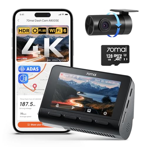 70mai A800SE Dash Cam Car Front Rear 4K UHD+1080P with GPS WiFi, Dual Car Camera with 128GB SD Card, F1.55 Aperture HDR, Night Vision, ADAS, 3 "IPS, 24/7 Parking Monitoring (A800SE)