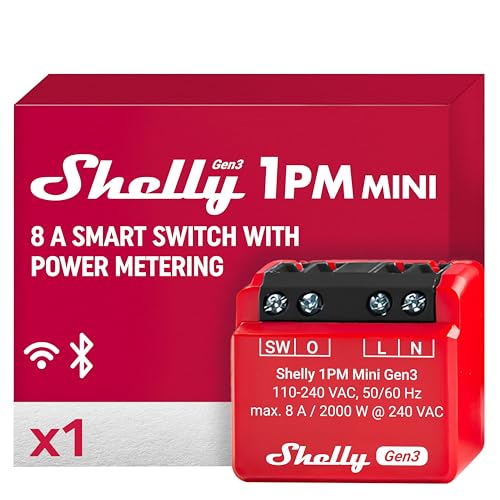 Shelly 1PM Mini Gen3 | WiFi & Bluetooth Smart Switch Relay, 1 Channel 8A with Power Measurement | Home Automation | Compatible with Alexa & Google Home | iOS Android App | No Hub Required