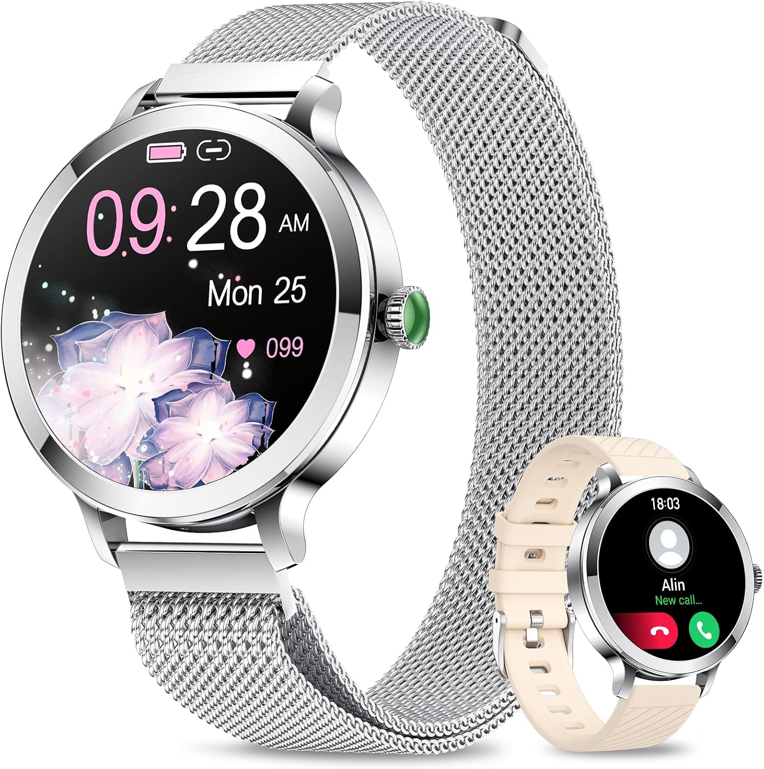 Smart Watches for Women, 1.106" AMOLED Small Screen Smartwatch Answer/Make Call for Android iOS Phones, IP68 Waterproof Fitness Activity Tracker with Heat Rate Sleep Monitor SpO2, Silver