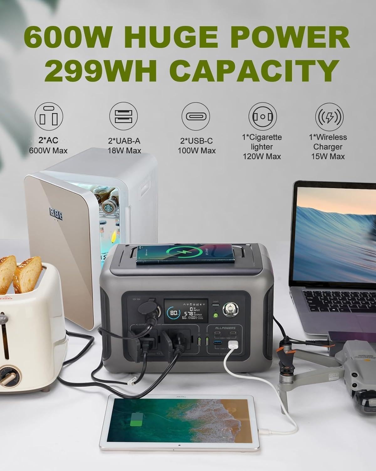ALLPOWERS Portable Power Station R600, 299Wh Solar Generator w/ 2 * 600W AC Outlets(Peak 1200W), 1 Hour Fast Charging, LiFePO4 UPS Power Supply Backup for Emergency Camping RV Outdoors Home Use
