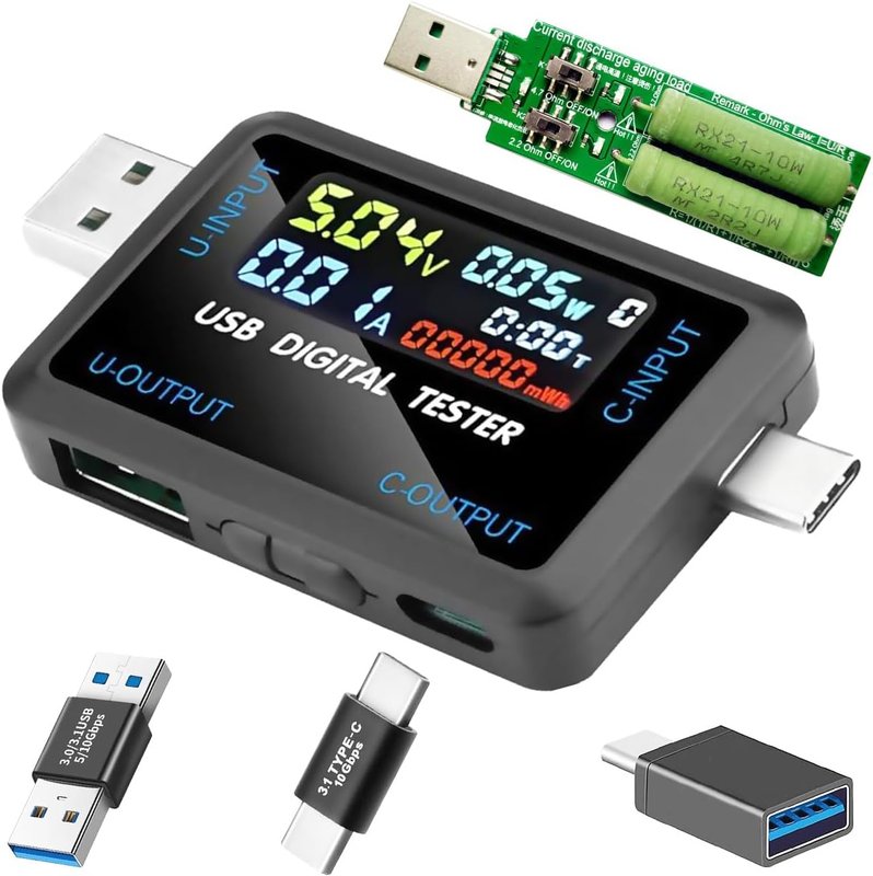 USB Tester Type-C Multi-Function Digital Tester Voltage Current Power Capacity Meter DC 4.5-36V 0-8A Multiple Fast Charging Protocols, with Type C-C & USB USB Port Adapter USB Load