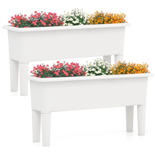 Costway 2 PCS Raised Garden Beds, Self-Watering Planter Box with Detachable Legs & Drainage Hole, Outdoor Plastic Flower Container for Vegetables, Fruits & Herbs (Off-White)