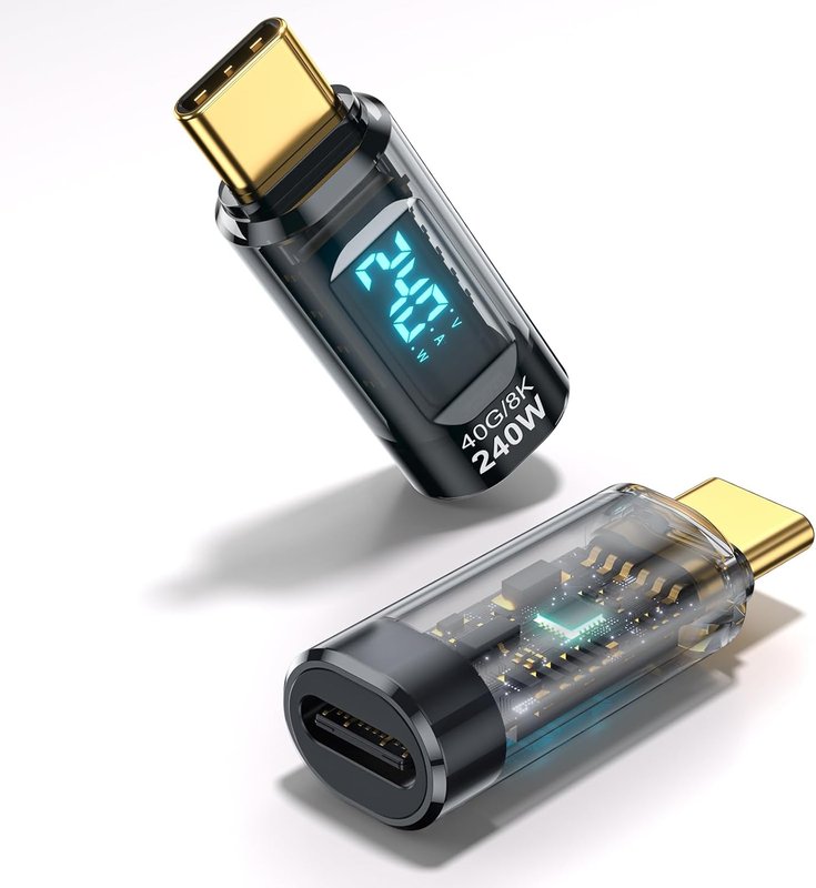 240W USB-C Power Meter Tester Transparent (2 Pack) with Wattage LED Digital Display, USB-C Male to Female Extension Adapter for iPhone 15 Pro Max, MacBook Pro, More USB-C Devices