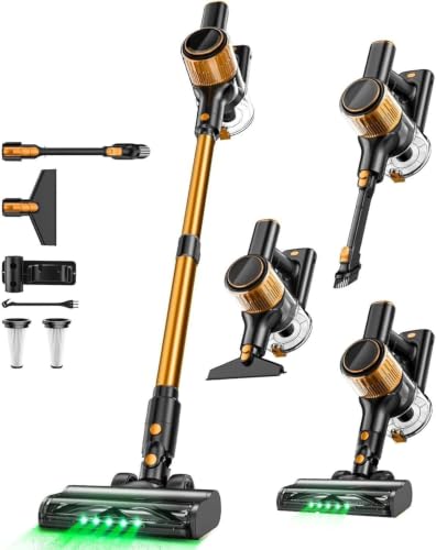 Cordless Vacuum Cleaner, 8 in 1 52Kpa Powerful Suction Lightweight Vacuum Cleaner for Home, LED Display, 3 Suction Modes, 40Mins Detachable Battery Vacuum for Hard Floor Carpet Pet Hair, Orange