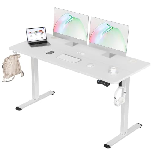 MOUNTUP Electric Standing Desk 140x60cm Height Adjustable, Sit Stand Desk with Memory Controller & Wheels, Ergonomic Stand Up Table for Home Office with Splice Board, White