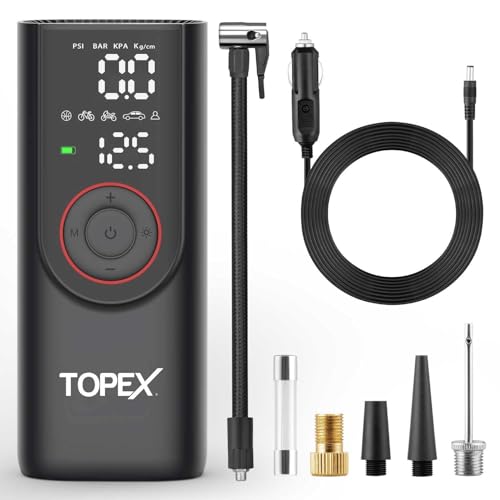 TOPEX 12V Car Tyre Inflator Portable Air Compressor Cordless Air Pump 150PSI Air Pump Dual Power Electric Tyre Pump with LED Light & LCD Display for Car/Motorcycle/Bike/Ball/Custom