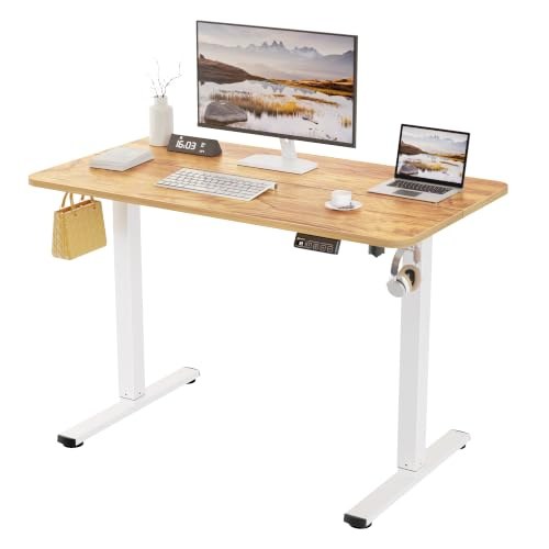 ERGOMAKER electric standing desk 110 x 60 cm with white frame and rustic brown desktop