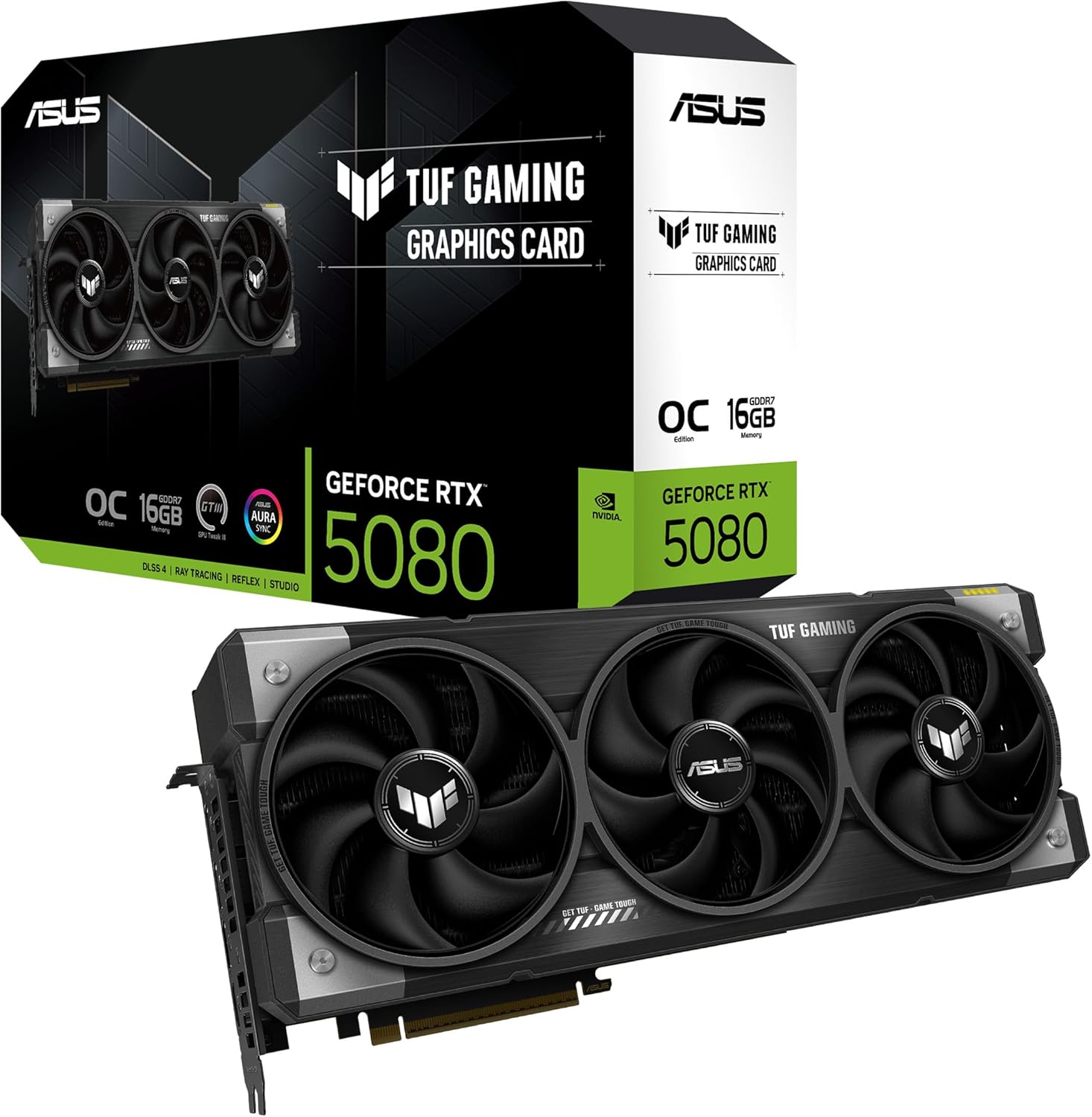 ASUS TUF Gaming RTX 5080 OC Edition 16GB graphics card with triple-fan cooler