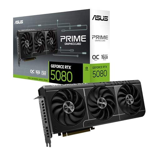 ASUS Prime GeForce RTX 5080 OC Edition 16GB GDDR7 Gaming Graphics Card (Nvidia GeForce RTX5080, SFF-Ready, Dual BIOS Switch, PCIe 5.0, 1x HDMI 2.1b, 3X DisplayPort 2.1a, PRIME-RTX5080-O16G)
