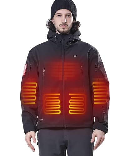 DEWBU Heated Jacket for Men with 12V Battery Pack Winter Outdoor Soft Shell Electric Heating Coat, Men's Black, 2XL