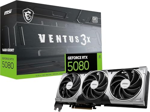 MSI NVIDIA GeForce RTX 5080 16G Ventus 3X OC Gaming Graphics Card GDDR7 256-bit, Boost Frequency up to 2655MHz, PCIe Gen 5, DLSS 4, DP 2.1 x 3, HDMI 2.1 x 1, SFF Ready