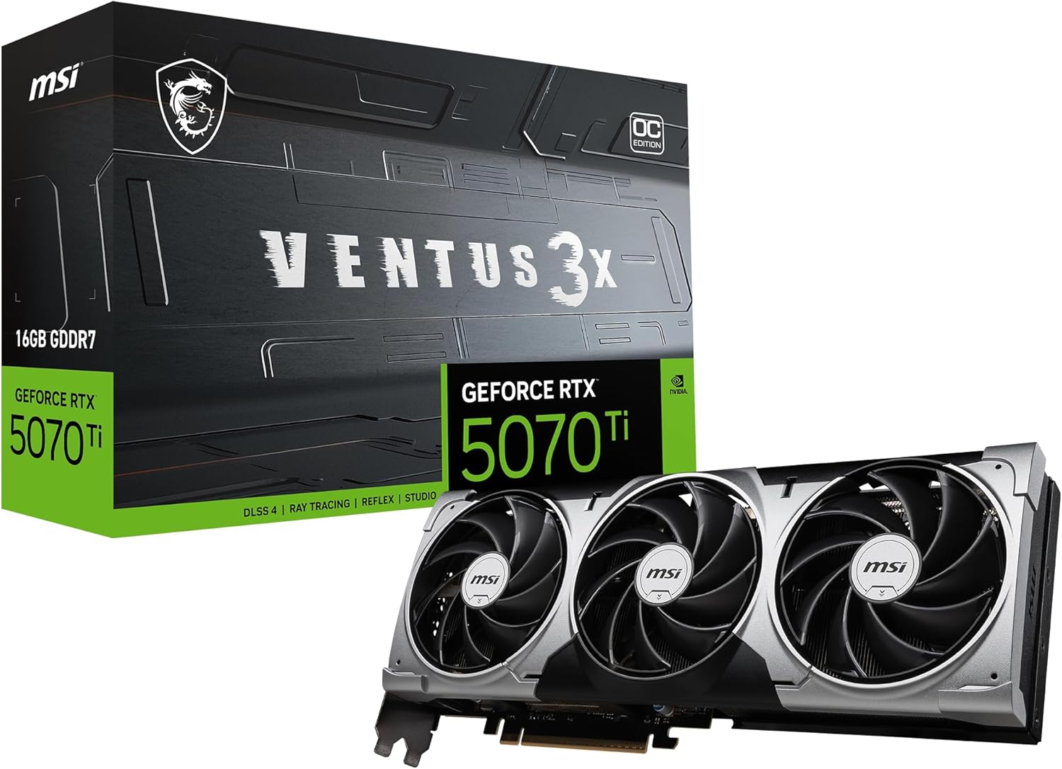 MSI Gaming RTX 5070 Ti Ventus 3X OC 16GB graphics card with triple-fan cooler