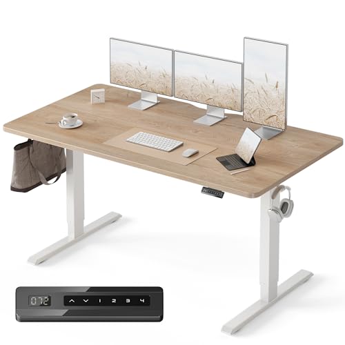 FEZIBO Standing Desk 160 x 70 cm, Height Adjustable Desk with Memory Buttons, Electric Sit Stand Desk with 2026 Latest Lift System, Home Office Computer Desk with Splice Board (Maple)