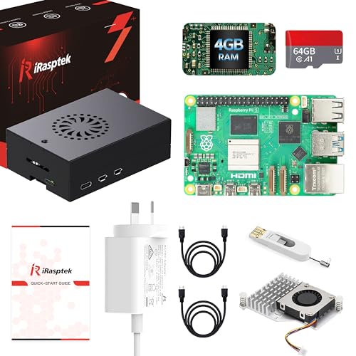 iRasptek Starter Kit for Raspberry Pi 5 4GB RAM 64GB Edition Preloaded Bookworm OS (Aluminum Case)