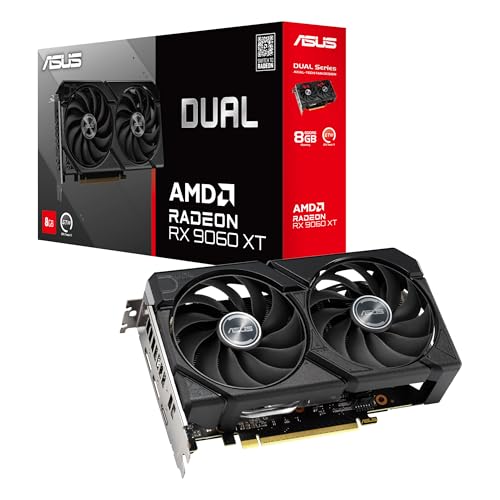 ASUS Dual Radeon RX9060XT 8G GDDR6 Gaming Graphics Card (AMD Radeon RX9060XT, AMD RDNA 4 Architecture, 2.5 Slot Design, Dual BIOS, PCIe 5.0, 1x HMDI 2.1b, 2X DisplayPort 2.1a, DUAL-RX9060XT-8G)