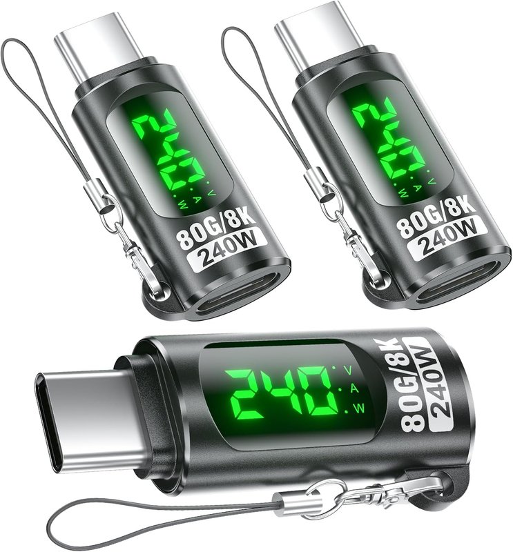 240W USB C Adapter Power Meter Tester (3 Pack) - Voltage Current Power LED Digital Display, Type C Male to Female Extension Connector for 1Phone 15/16, MacBook, iPad & More USB-C Cables/Devices