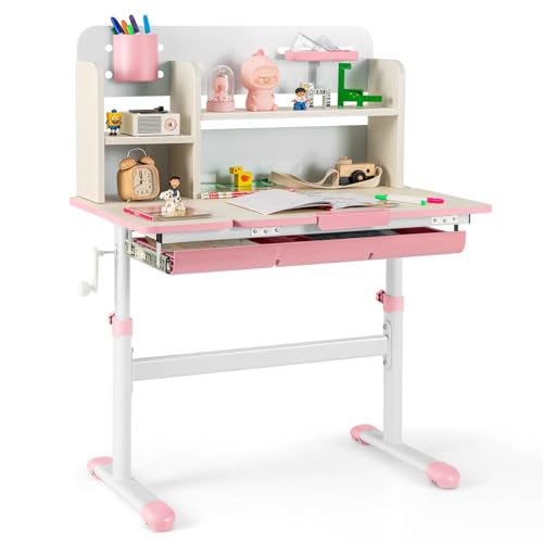 Costway Kids Study Desk, Multifunctional School Study Table w/Tiltable Desktop, Adjustable Height, Pull Out Drawer, Book Stand, Pencil Case & Holder for 3-12 Years Old Boys Girls (Pink)