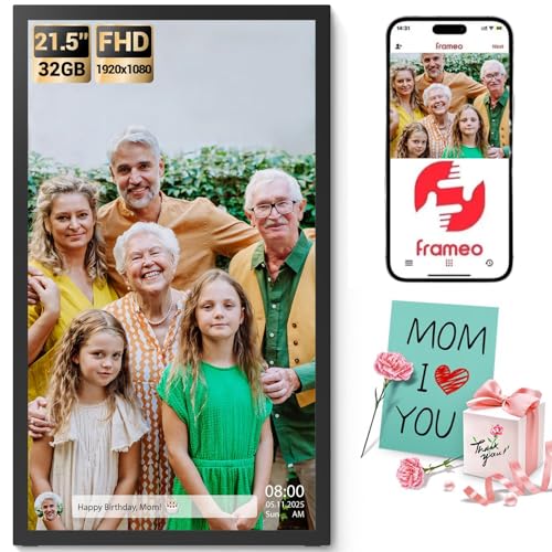 AILRINNI 21.5" Frameo Digital Picture Frame, WiFi Digital Photo Frame 1920x1080 HD IPS Touch Screen, 32GB Memory, Auto-Rotate Portrait and Landscape, Wall-mountable Frameo