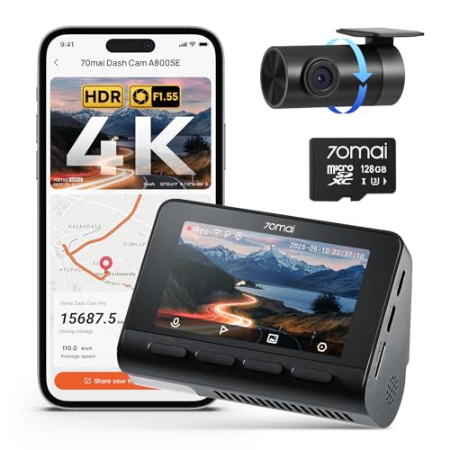 70mai A800SE Dash Cam Car Front Rear 4K UHD+1080P with GPS WiFi, Dual Car Camera with 128GB MicroSD Card, F1.55 Aperture HDR, Night Vision, ADAS, 3 "IPS, 24/7 Parking Monitoring, Supports 512 GB Max