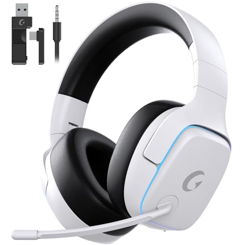 2.4GHz Wireless Gaming Headsets for PS5, PS4, PC, Switch - Bluetooth 5.3 Gaming Headphones with Noise Canceling Mic, 7.1 Surround Sound, 70H Battery, Blue Lighting - Pearl White
