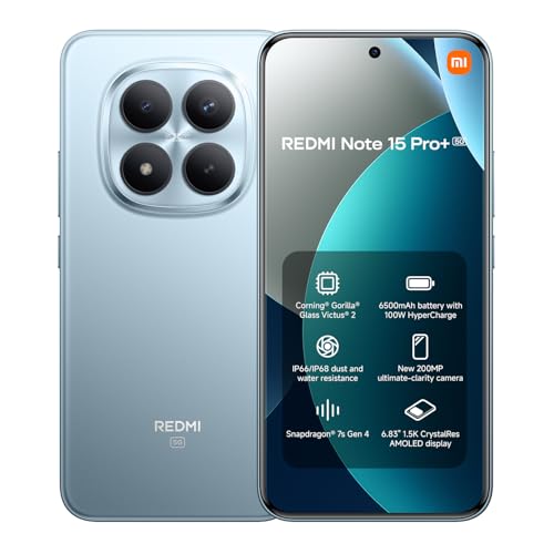 Xiaomi Redmi Note 15 Pro+ 5G（AU Version）, Smartphone 512 GB, 1.5K 120Hz Eye-Care Display, IP69K, 200MP Ultimate-Clarity AI Camera, 6500mAh Battery, Xiaomi HyperAI, Glacier Blue, Charger Not Included