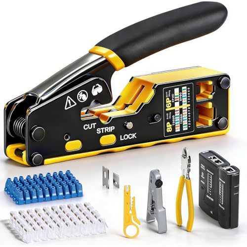 AiiYiiHii Ethernet Crimping Tool Kit RJ45 Crimp Tools, Cat5 Cat5e Cat6 Tool Kit with Cable Tester, Network Stripper, Blades, 50PCS Cat6 Pass Through Connectors and Strain Relief Boots