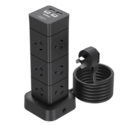 Addtam Power Board Surge Protected, Tower Powerboard with 12 AC Outlets 4 USB Ports(2 USB C), Charging Station with 1.5M Extension Cord, 350J, SAA Certified, Black