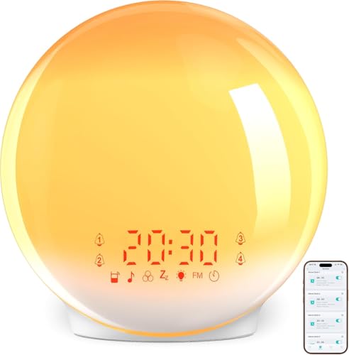 Sunrise Alarm Clock App Control: Wake Up Light with Bluetooth Speaker & FM Radio - Auto Time Sync, 4 Alarms, 12 Color Modes, 7 Natural Sounds & Sleep Aid Sunset Simulation for Heavy Sleepers, Bedroom