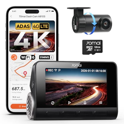 70mai Dash Cam 4K A810S, STARVIS 2 IMX678 Sensor, Front and Rear Dash Cam Super Capacitor DashCam with Wi-Fi 6 & GPS & Optional 4G Remote Viewing AI Motion Detection, ADAS 24H Parking Monitor
