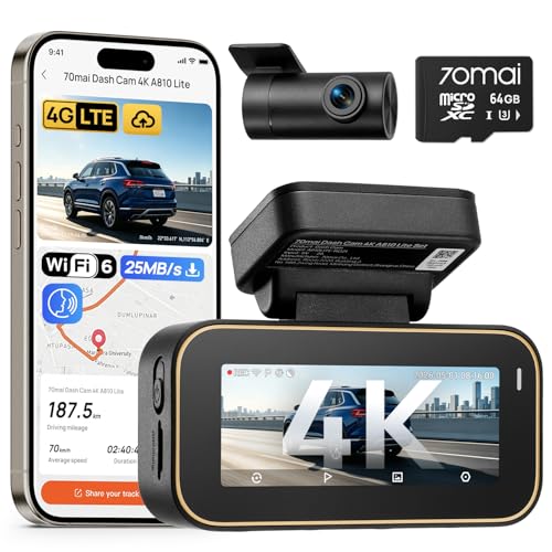 70mai New Dash Cam A810Lite,HDR Front and Rear Cam, Built in GPS, Support 512GB Max,Smart Parking Guardian Mode,Time-Lapse Recording