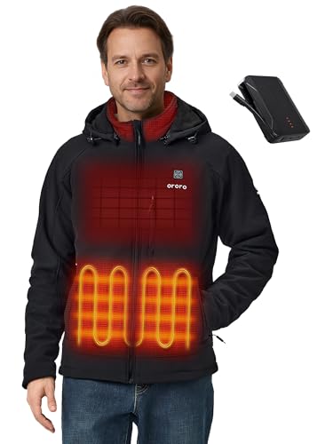 ORORO men's black softshell heated jacket with heated collar and removable hood