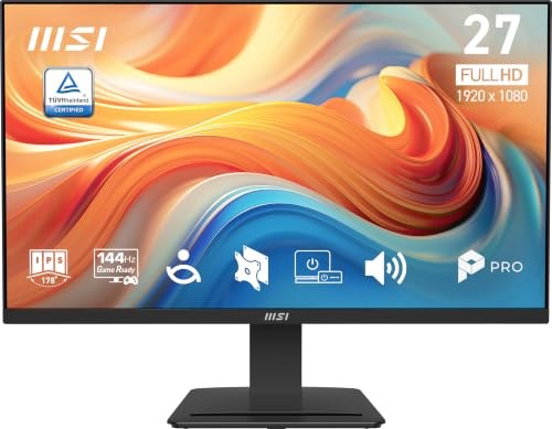 MSI PRO MP273 E14A 27" Eye Care Ergonomic Business Computer Monitor, FHD 1920x1080, IPS, Frameless, 144Hz, 1ms, Tilt Compatible, HDMI,DP,VGA, Built-in Speakers, VESA, Black, 3 Year Warranty