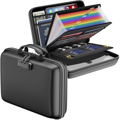 Fireproof Document Box with Lock, Hard Case File Organizer with Accordion File Folder, Fireproof Water Resistant Safe Box Home Office Travel Storage for Important Documents Laptop Black