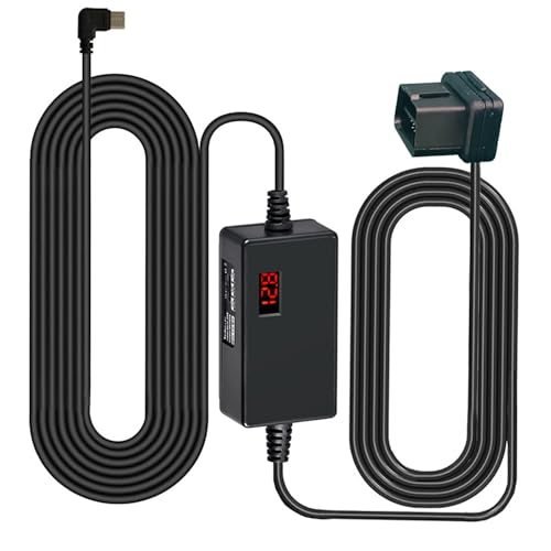 OBD2 Dash Cam Hardwire Kit: Type-C Power Cable with LED Digital Voltage Display, 3-Level Low Voltage Protection, 24/7 Parking Mode Surveillance, Plug and Play OBD to USB C for 12V/24V Cars