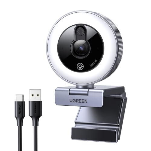 UGREEN 4K Webcam with Ring Light Autofocus, Privacy Cover Mic for Streaming