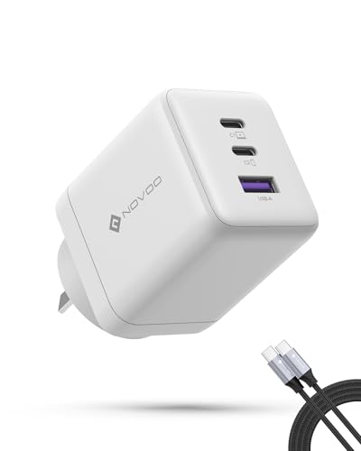 NOVOO 100W USB C Charger, GaN III Fast Charger Block with 3 Ports, PD 3.0 & PPS, Compact Power Adapter AU Plug for MacBook, iPhone 17/16 Pro, Galaxy S25 Ultra, iPad Pro, Dell–with 1 Cable