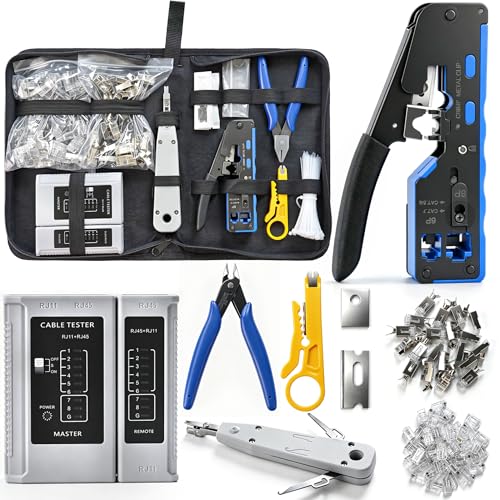 AiiYiiHii RJ45 Crimp Tool Kit, Ethernet Crimping Tool Kit, Network Cat5/6/7 Crimping Tool Repair Kit Cable Tester, Network Stripper, Blades, 50PCS Cat6 and 20PCS Cat7 Connectors