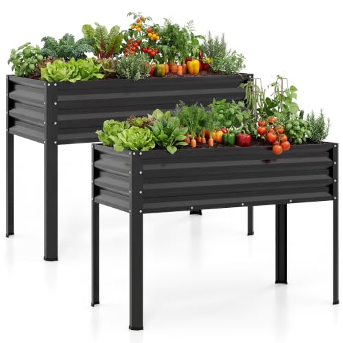 Costway Raised Garden Bed with Legs, 2 PCS Electro-Coating Metal Large Elevated Planter Box for Vegetable Flower Fruit Herb, Heavy Duty Outdoor Raised Bed for Backyard Patio Balcony